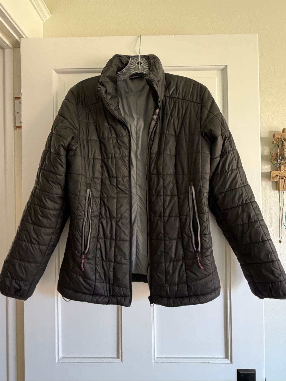 Women's Decathlon Black Quilted Puffer Jacket with Stand Collar